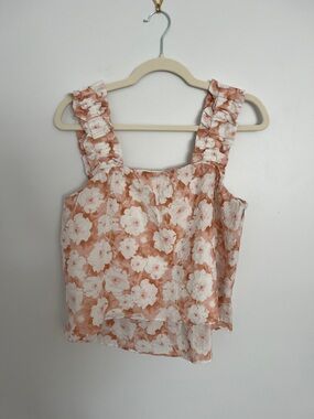 Moodie Peach & White Floral Ruffle Strap Crop Top
